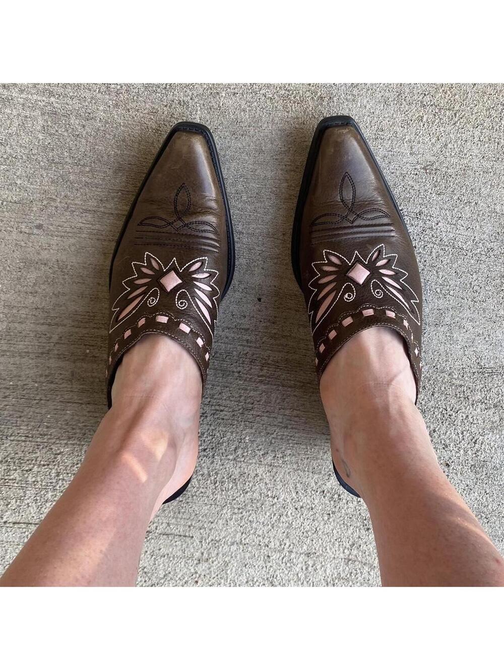 Insane vintage brown and pink leather slip on cowboy boots / mules